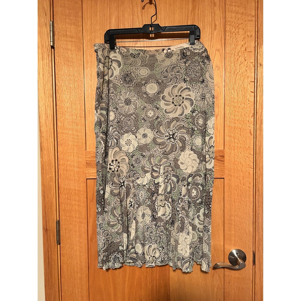 Vintage Emma James Green Floral Paisley Mesh Midi Skirt Large Lettuce Hem Boho